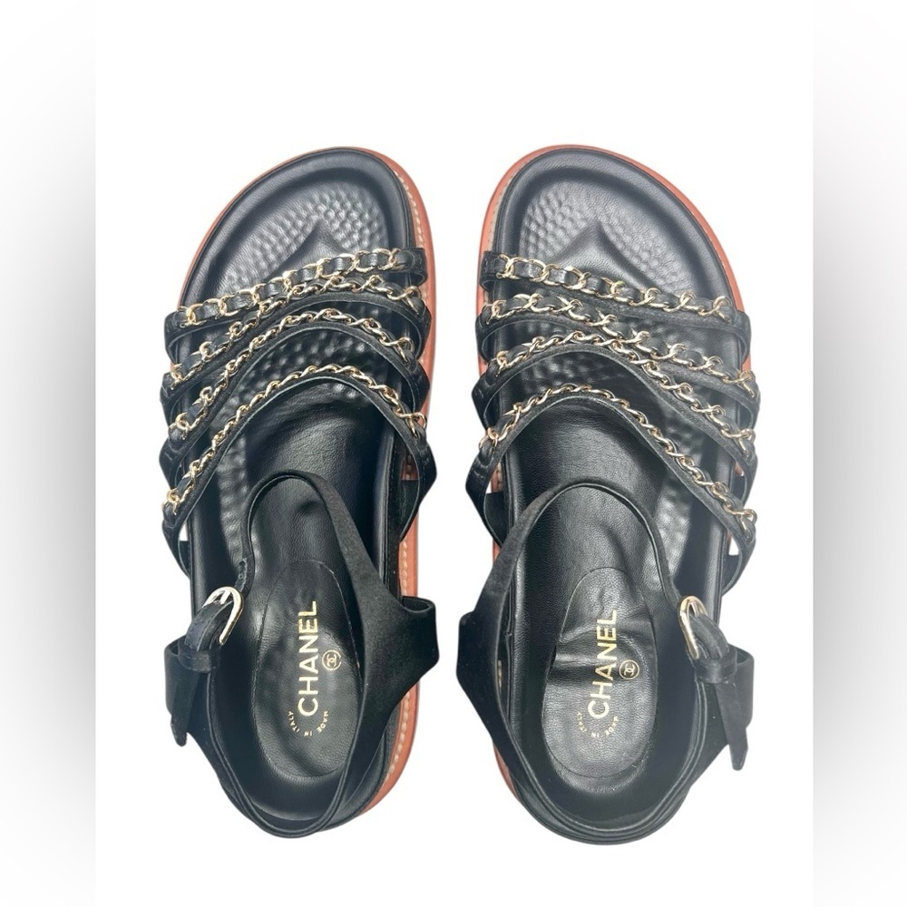 Chanel Satin Lambskin Chain Flat Sandals Black Leather Size 36 - Picture 2 of 7